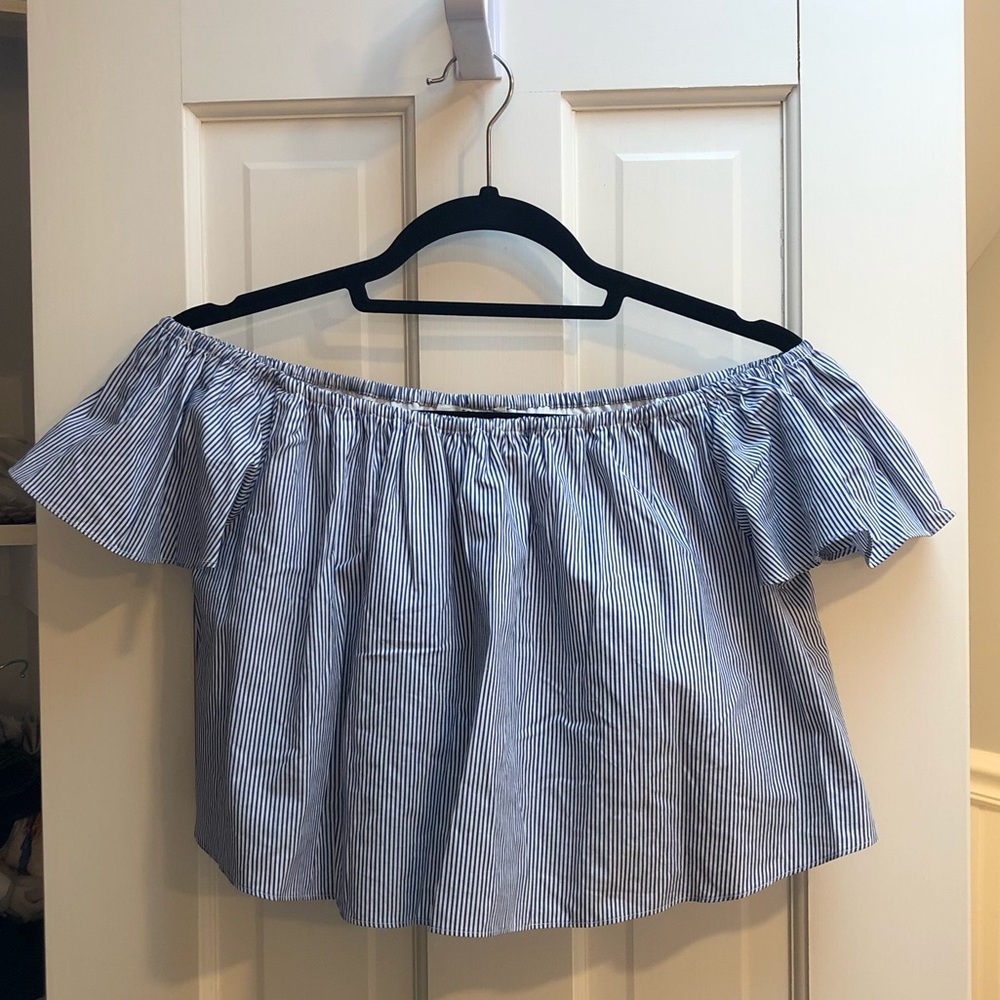 Forever 21 Blue/White Stripe Off Shoulder Crop Top - Picture 2 of 3